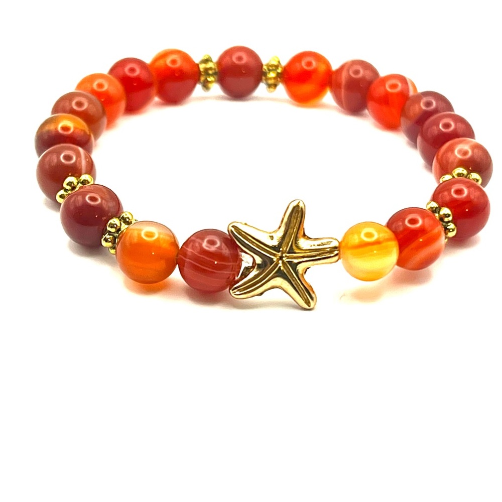 Gold Starfish Charm Orange Agate Beaded Bracelet